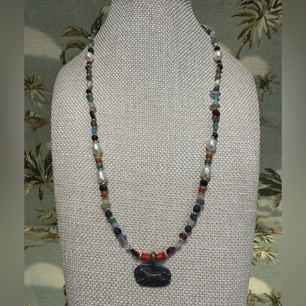 Multicolor Beaded Necklace with Horse Pendant 18” w/2” Extender